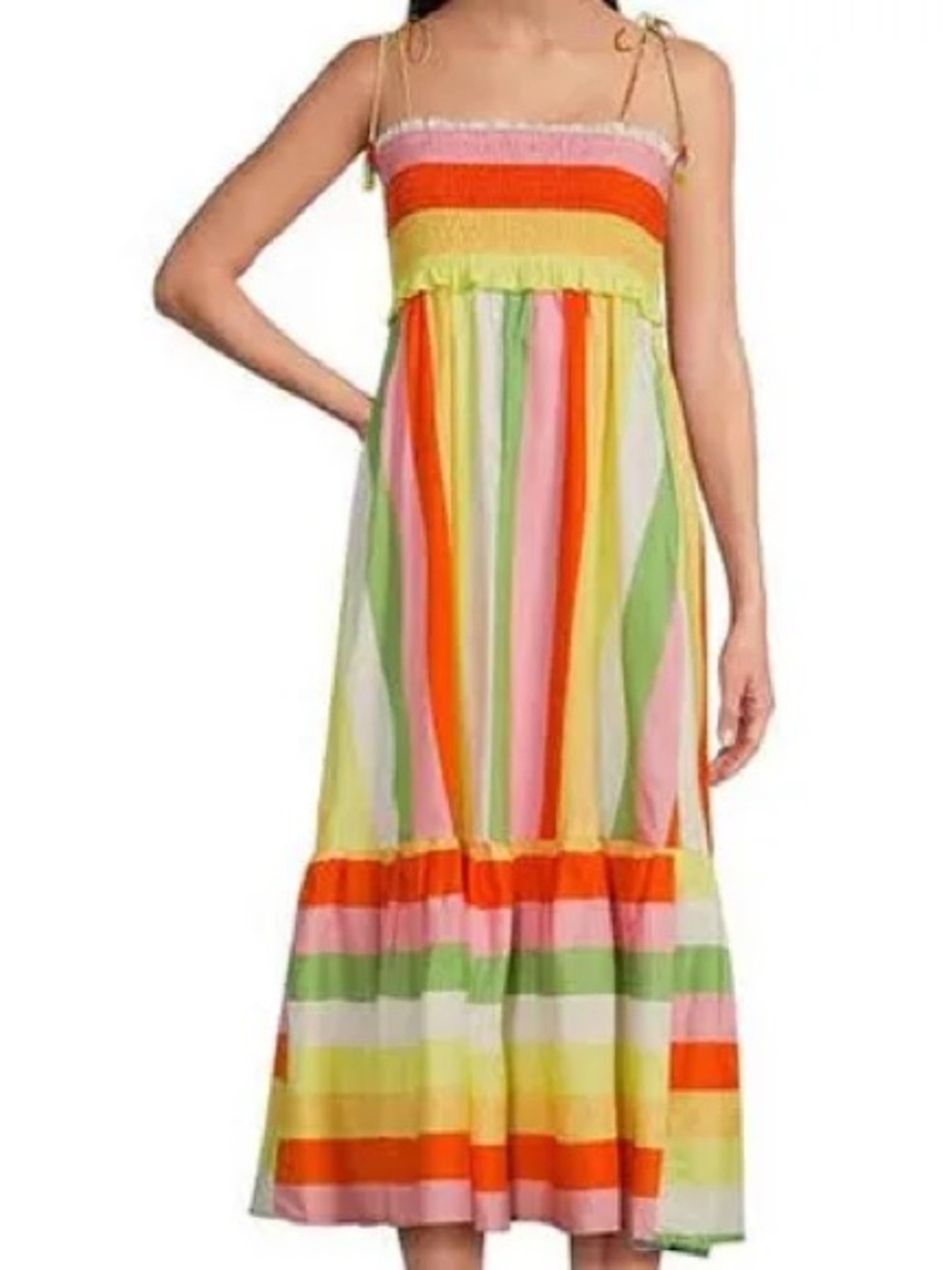 Striped Tie-Shoulder Maxi Dress in Orange, Pink & Green